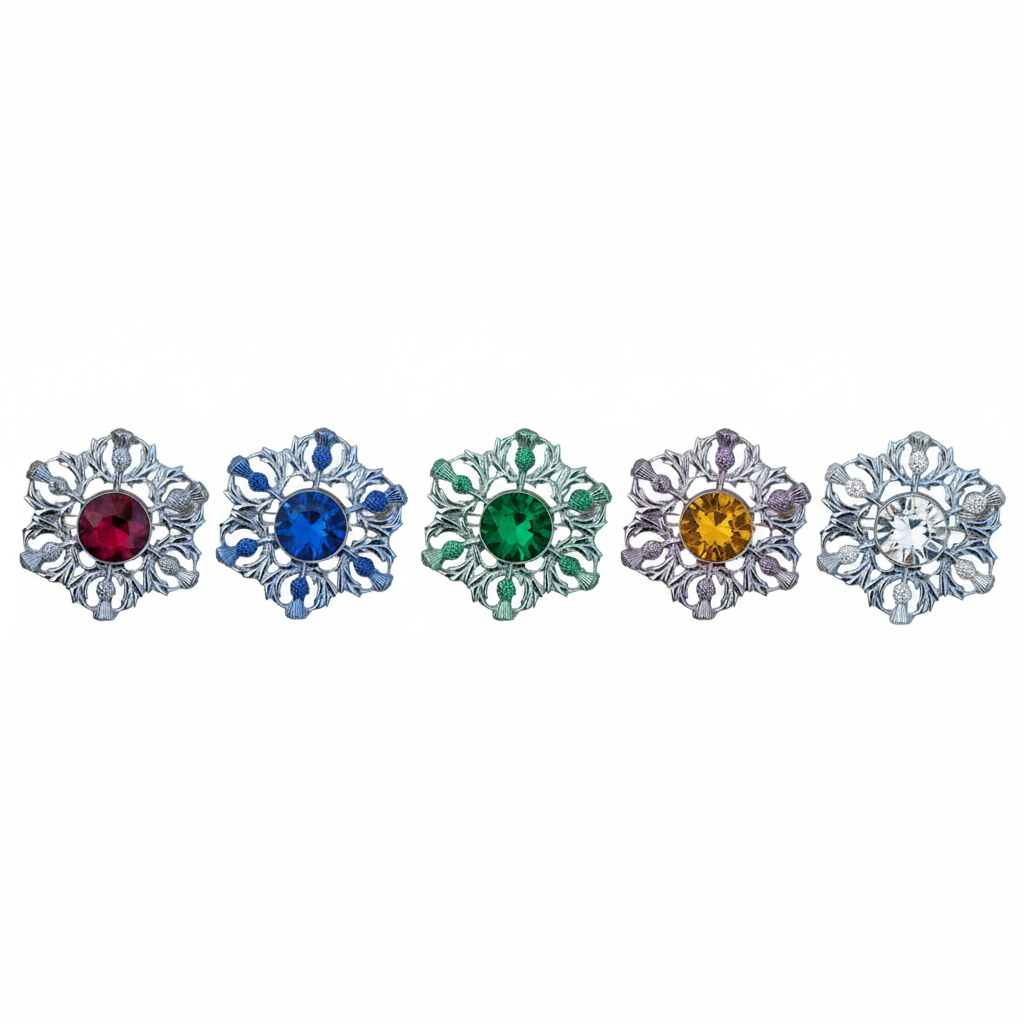 Scottish Thistle Brooch with Gemstone – Highland Clan Kilt Pin – Celtic Luck Symbol – Silver Finish – Kilts Boutique