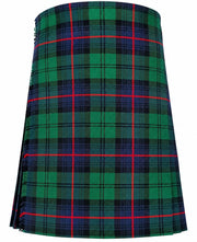 Armstrong Modern Tartan Kilt in green, navy blue, and red tartan pattern with pleated design and adjustable leather buckle straps Front