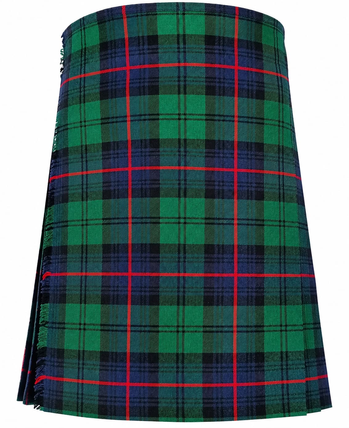 Armstrong Modern Tartan Kilt in green, navy blue, and red tartan pattern with pleated design and adjustable leather buckle straps Front