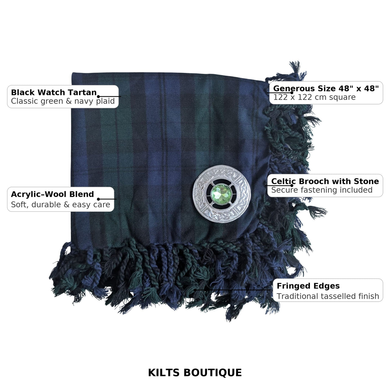 Black Watch Tartan Fly Plaid with Celtic Brooch Stone – Scottish Kilt Accessory, Acrylic-Wool , 48" x 48"