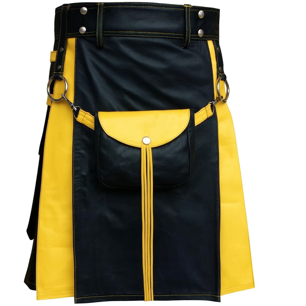 Black and yellow kilt with silver buttons on a white background