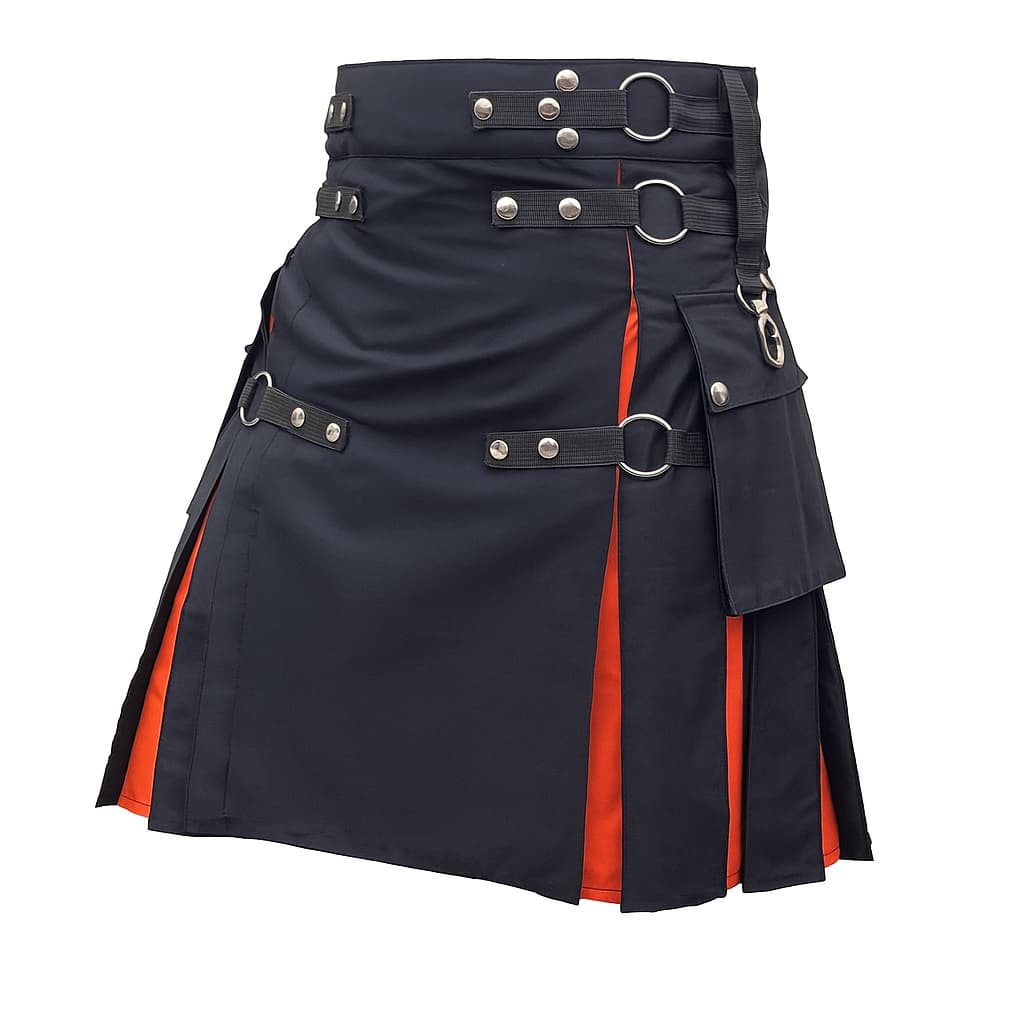 Black Utility Kilt with Color Pleats | Hybrid Kilt with Nylon Straps & Cargo Pockets | Handmade Scottish Modern Kilt for Men