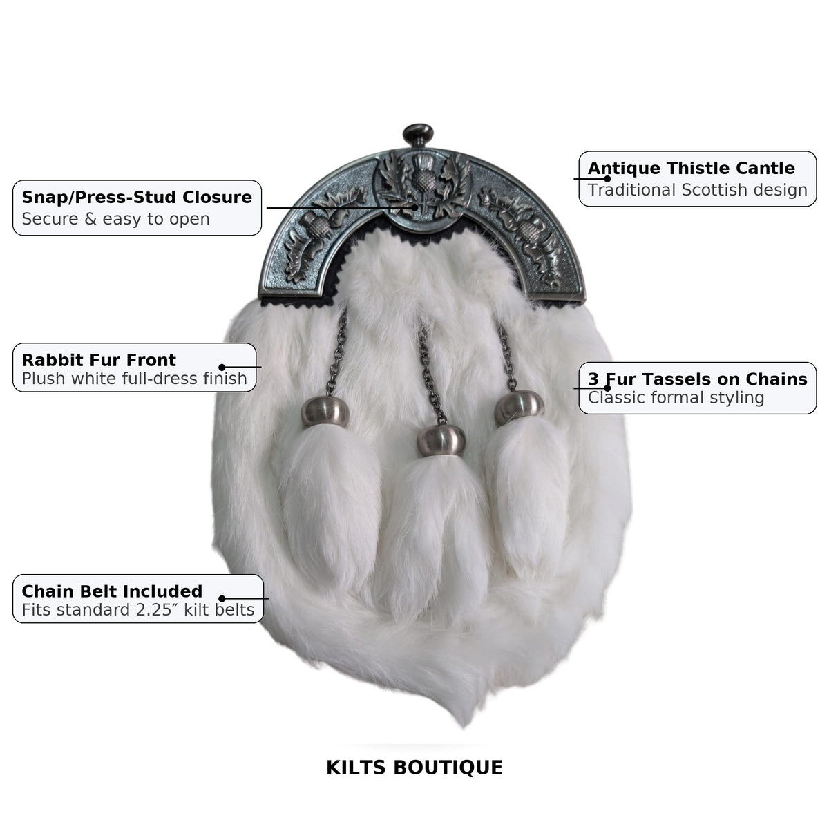Kilts Boutique Full Dress Sporran, White Rabbit Fur with Antique Thistle Cantle, 3 Tassels and Chain Belt