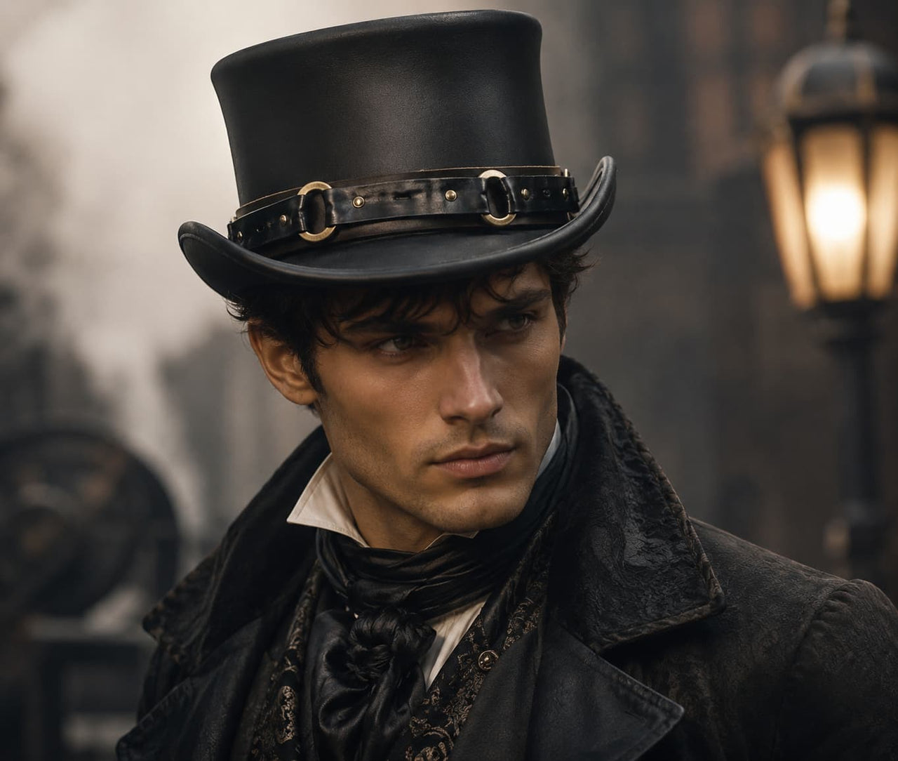 Men's Black Leather Steampunk Top Hat – Vintage Gothic Victorian Western Costume Hat