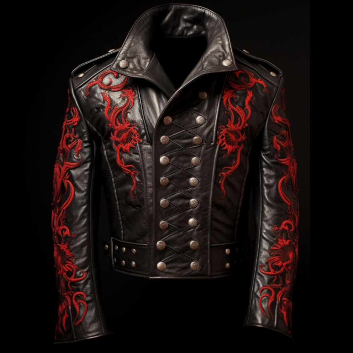 Gothic Dragon Leather Jacket – Black with Red Embroidery – Steampunk Military Style – Unisex Punk Rock Fashion – Made to Order