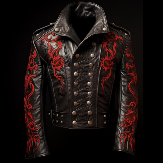Gothic Dragon Leather Jacket – Black with Red Embroidery – Steampunk Military Style – Unisex Punk Rock Fashion – Made to Order