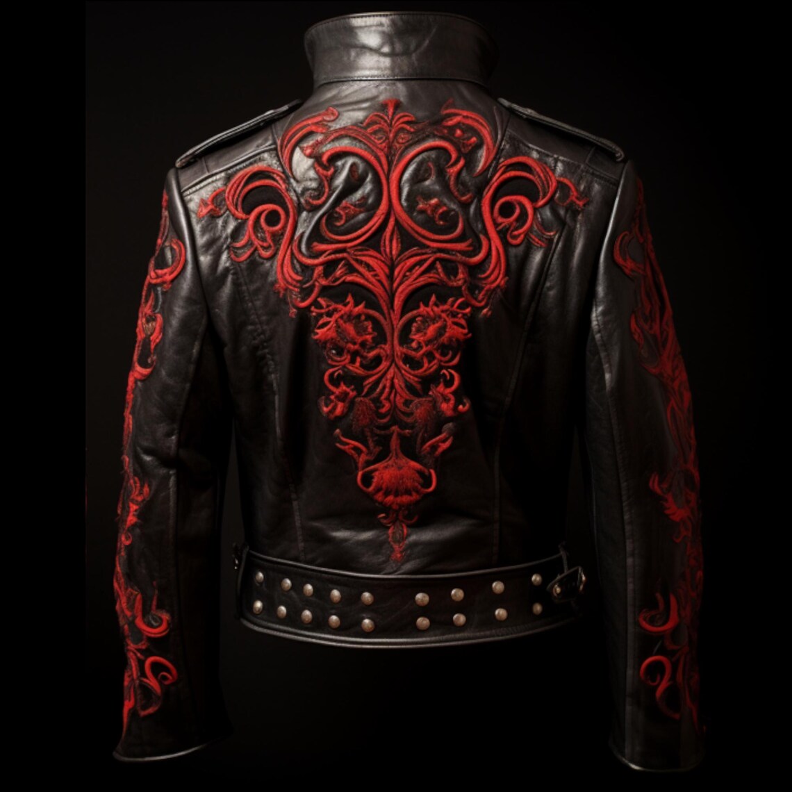 Gothic Dragon Leather Jacket – Black with Red Embroidery – Steampunk Military Style – Unisex Punk Rock Fashion – Made to Order