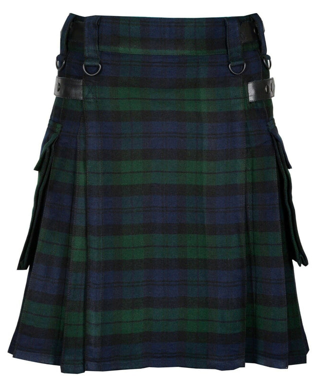Black Watch Handmade Scottish Mens Tartan Utility Kilt Cargo pockets 16oz