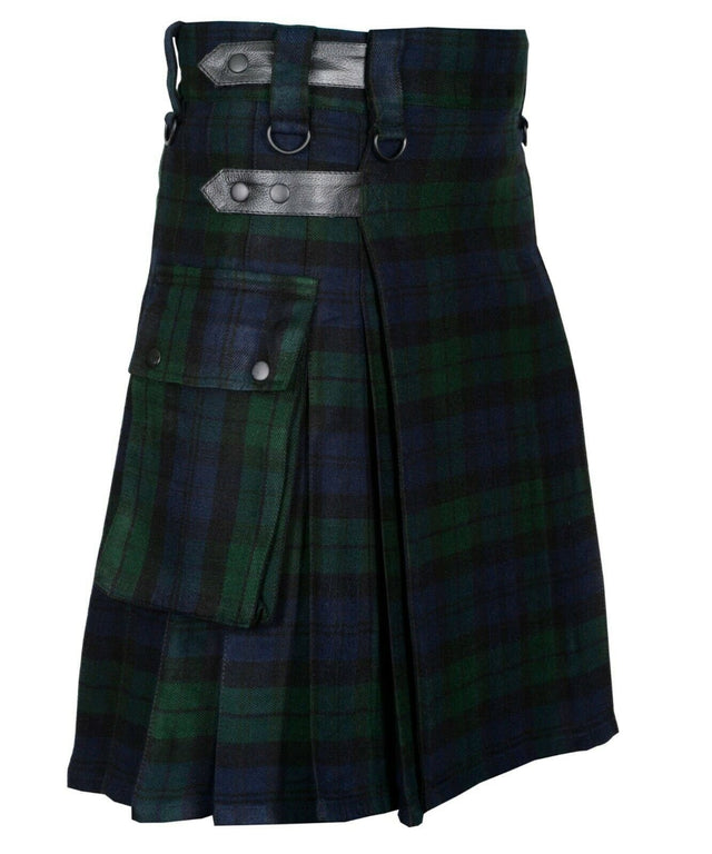 Black Watch Handmade Scottish Mens Tartan Utility Kilt Cargo pockets 16oz