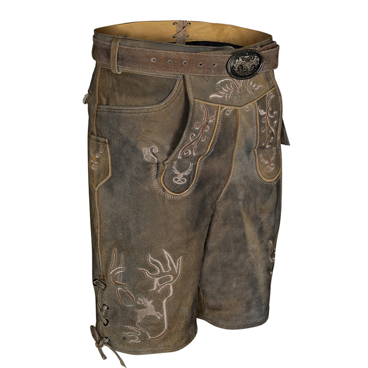 Antiqued Lederhosen Genuine Leather Suede Lederhosen Bavarian Traditional Men Short with Belt & Suspenders