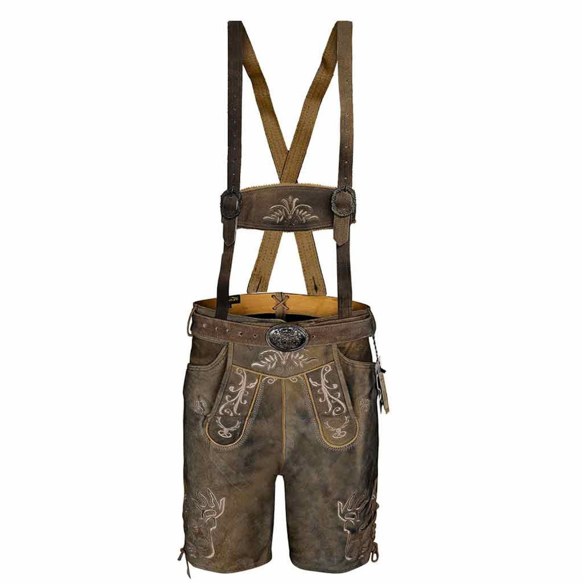 Antiqued Lederhosen Genuine Leather Suede Lederhosen Bavarian Traditional Men Short with Belt & Suspenders