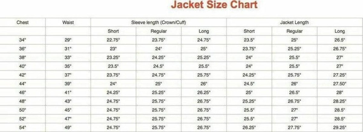 Jacket size chart with measurements for chest, waist, sleeves, and jacket length.