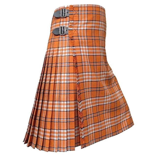 Orange and white plaid kilt with metal buckles on a white background