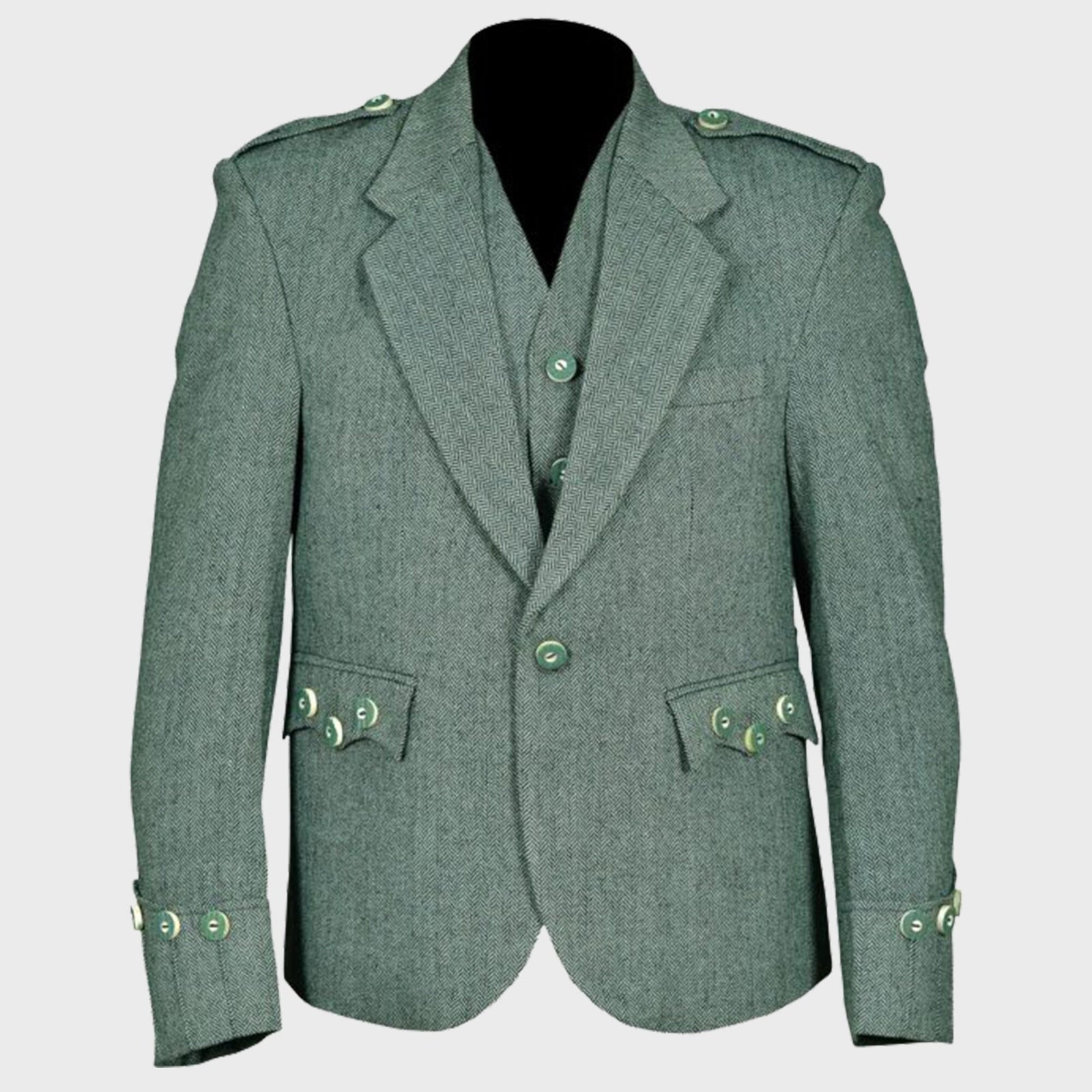 Green military-style jacket on a white background