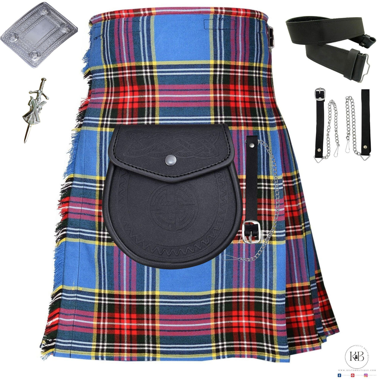 MacBeth Modern Scottish Traditional Highland 8 Yard Tartan Kilt outfit + Celtic Embossed leather Sporran + Kilt Pin + Kilt Belt