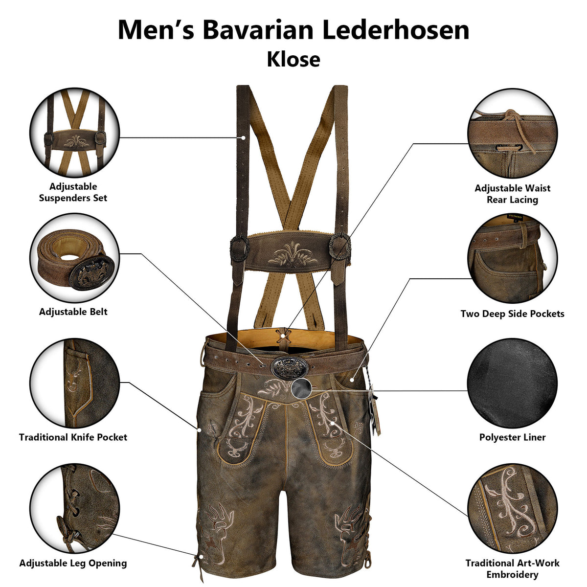 Antiqued Lederhosen Genuine Leather Suede Lederhosen Bavarian Traditional Men Short with Belt & Suspenders
