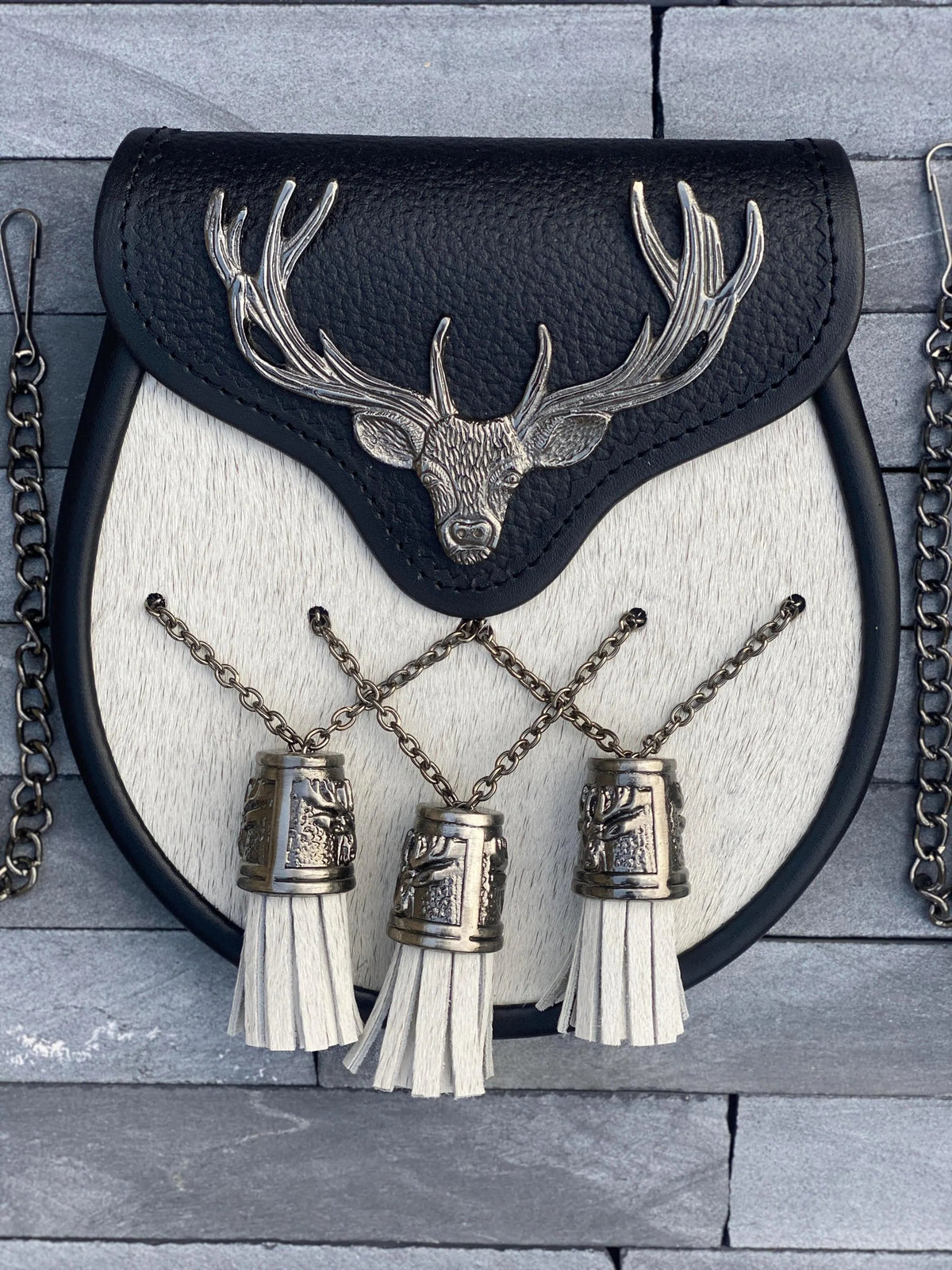 White Fur & Leather Stag Head Cantle Sporran with Celtic Thistle Tassels – Premium Scottish Kilt Accessory
