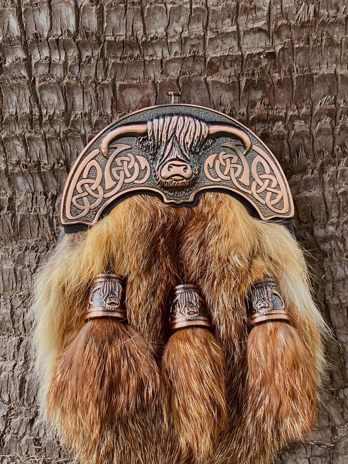 Highland Bull Cantle Fur Sporran with Celtic Knotwork – Premium Scottish Kilt Sporran