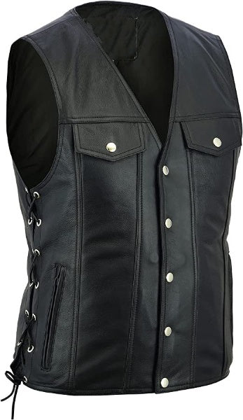 Men's Black Real Leather Biker Waistcoat With Side Laces