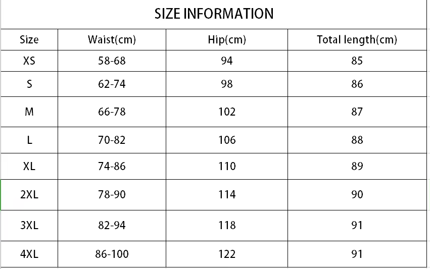 Size information chart for waist, hip, and total length measurements.