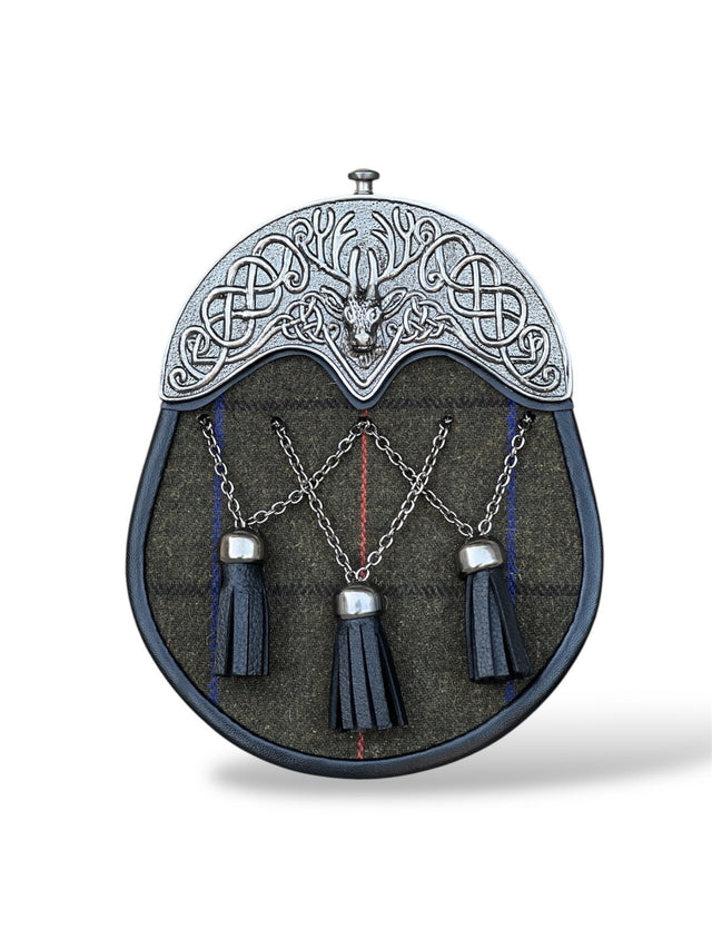 Scottish Tweed Stag Head Sporran – 3 Chain Tassels & Cantle with Chain