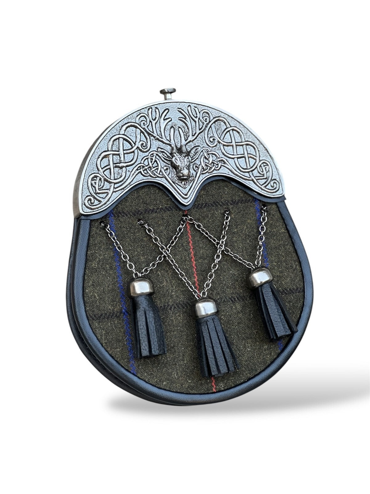 Scottish Tweed Stag Head Sporran – 3 Chain Tassels & Cantle with Chain