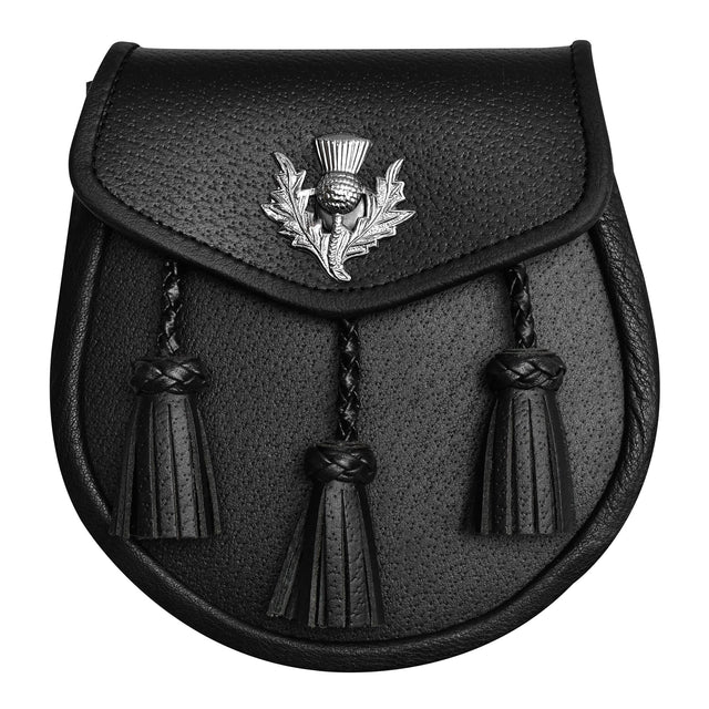Black sporran with thistle emblem and tassels on a white background