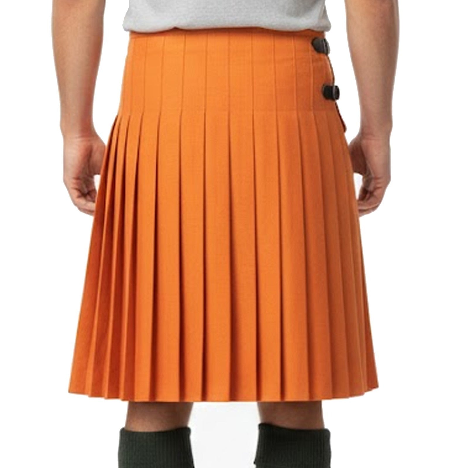 Scottish Highland Dress Saffron Kilt in traditional saffron yellow tartan with pleated design and adjustable buckle fastening Back