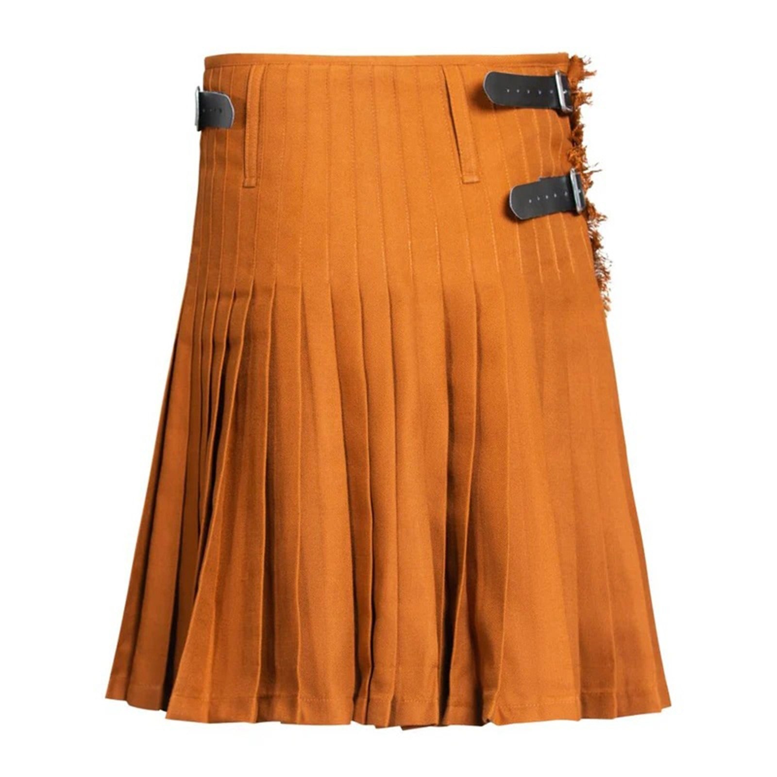 Scottish Highland Dress Saffron Kilt in traditional saffron yellow tartan with pleated design and adjustable buckle fastening Back