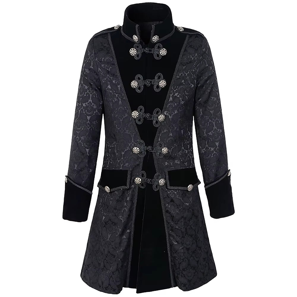 Men’s Black Gothic Victorian Coat – Brocade Tailcoat with Velvet Trim