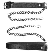 Black leather belt with chain extension on a white background