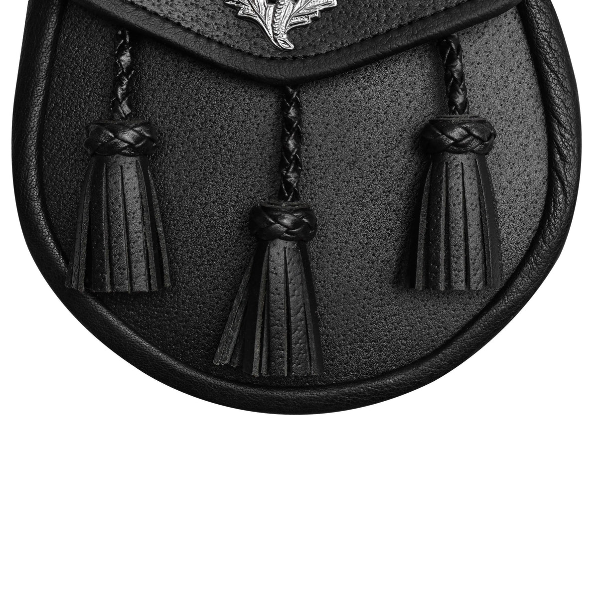 Handmade Scottish Highland Black Leather Semi Dress Sporran with Thistle Emblem & Chain Belt – Traditional Kilt Accessory