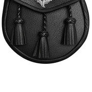 Handmade Scottish Highland Black Leather Semi Dress Sporran with Thistle Emblem & Chain Belt – Traditional Kilt Accessory