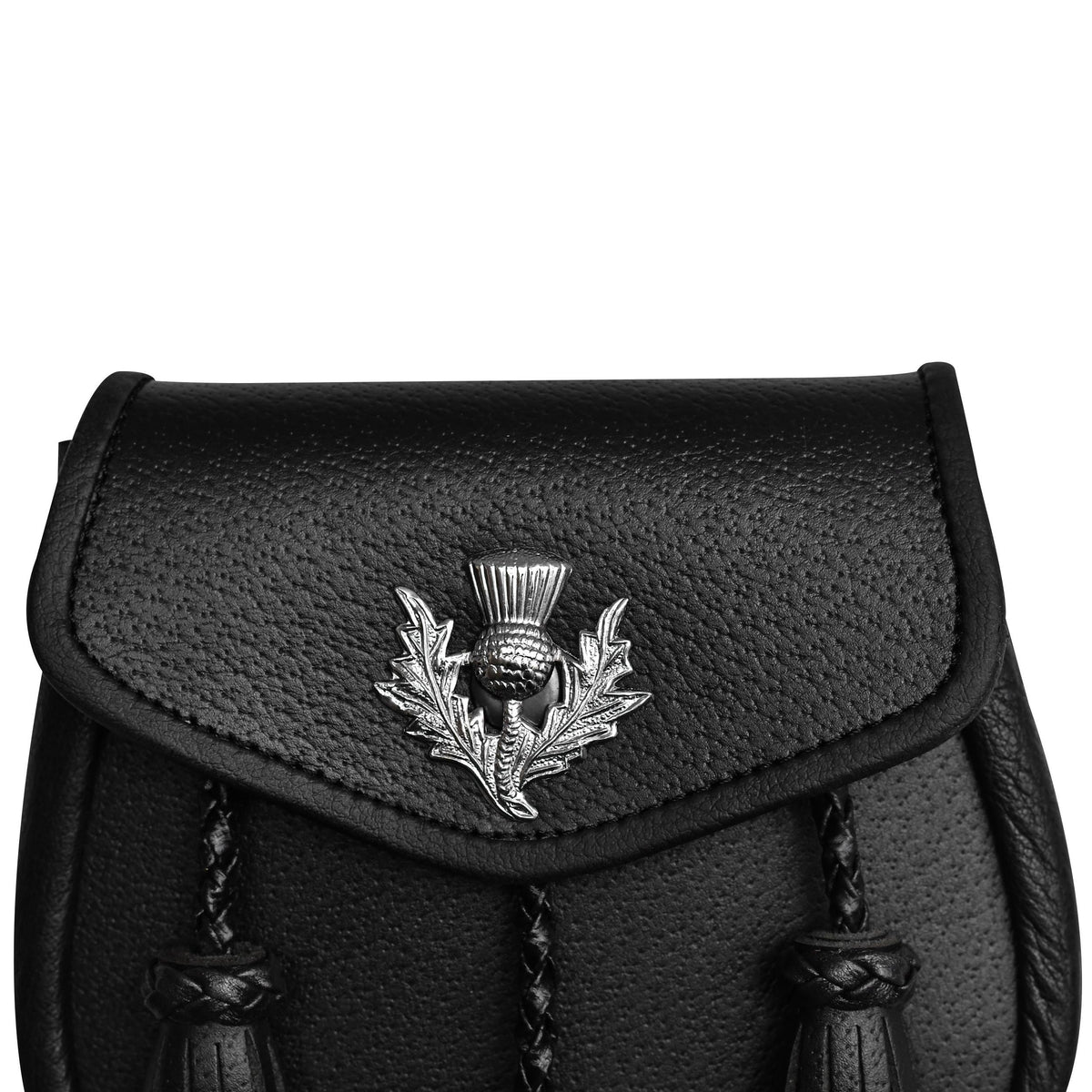 Handmade Scottish Highland Black Leather Semi Dress Sporran with Thistle Emblem & Chain Belt – Traditional Kilt Accessory