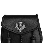 Handmade Scottish Highland Black Leather Semi Dress Sporran with Thistle Emblem & Chain Belt – Traditional Kilt Accessory