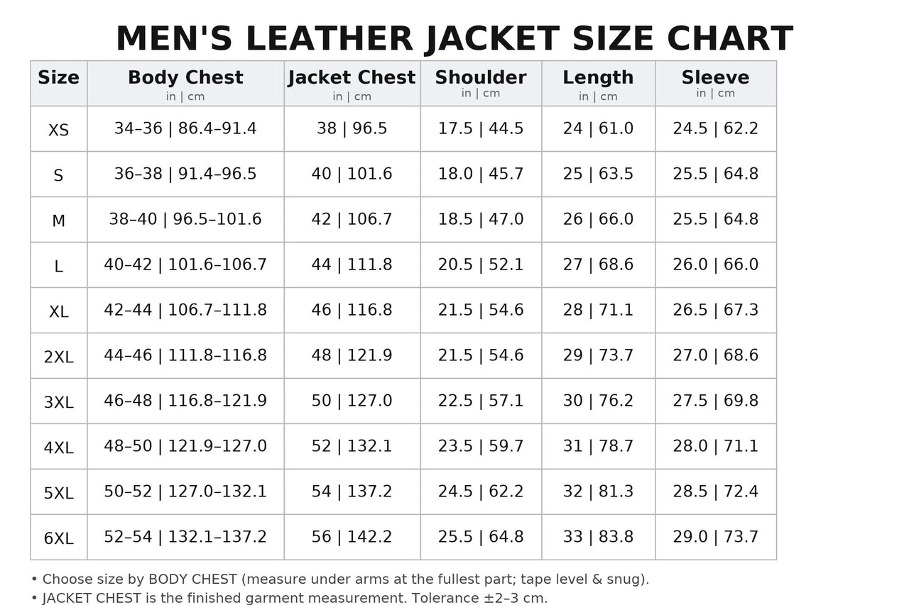 Men's leather jacket size chart with measurements for body chest, jacket chest, shoulder, length, and sleeve.