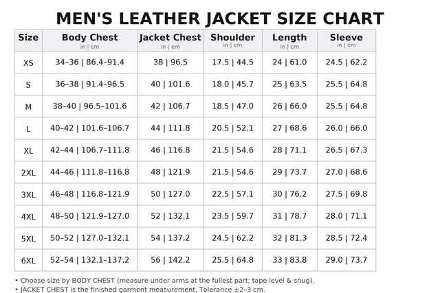 Men's leather jacket size chart with measurements for body chest, jacket chest, shoulder, length, and sleeve.