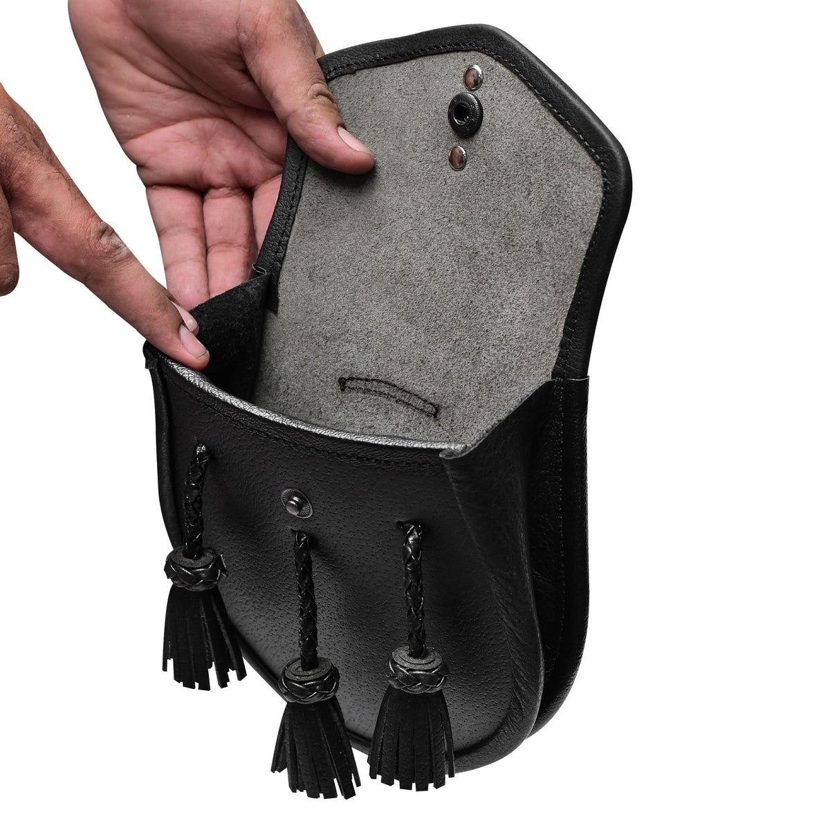 Handmade Scottish Highland Black Leather Semi Dress Sporran with Thistle Emblem & Chain Belt – Traditional Kilt Accessory