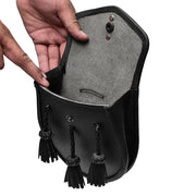 Handmade Scottish Highland Black Leather Semi Dress Sporran with Thistle Emblem & Chain Belt – Traditional Kilt Accessory