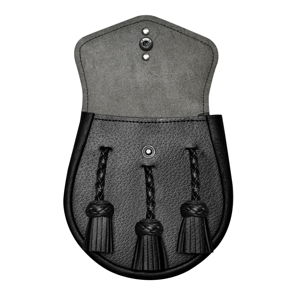 Handmade Scottish Highland Black Leather Semi Dress Sporran with Thistle Emblem & Chain Belt – Traditional Kilt Accessory