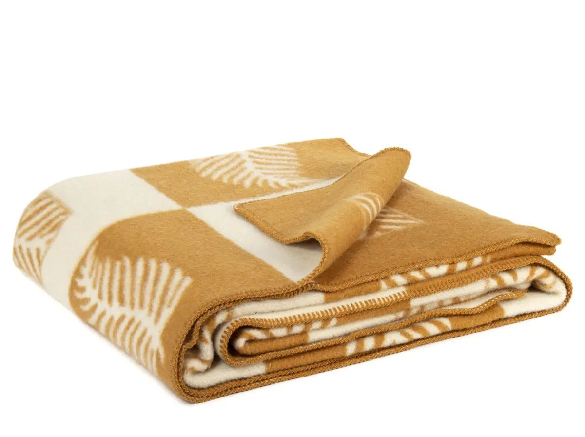 Merino Wool Bed Blanket – Leaf Pattern Throw – Double Size 200×220 cm – Ochre & White – Luxury Warm Blanket
