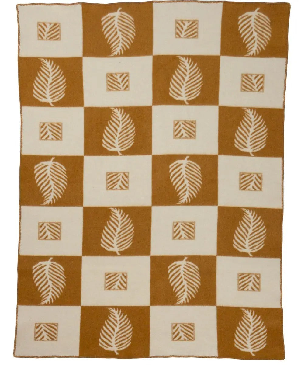 Merino Wool Bed Blanket – Leaf Pattern Throw – Double Size 200×220 cm – Ochre & White – Luxury Warm Blanket