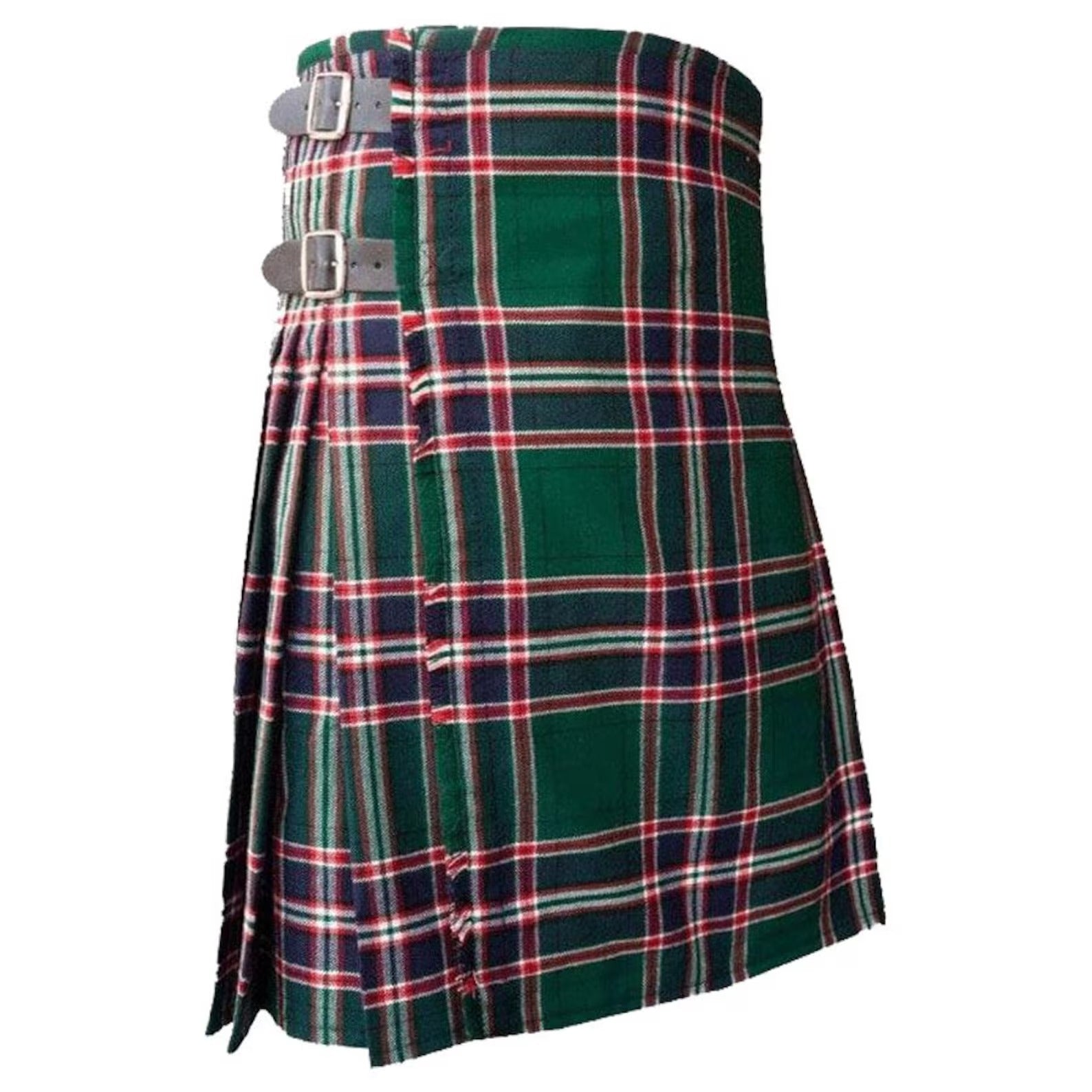 Green plaid kilt with silver belt on a white background