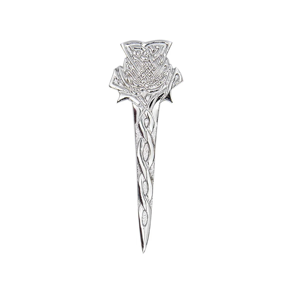 Kilts Boutique Chrome Finish Scottish Thistle Kilt Pin – Celtic Knot Design, Highland Dress Accessory, 9.5cm