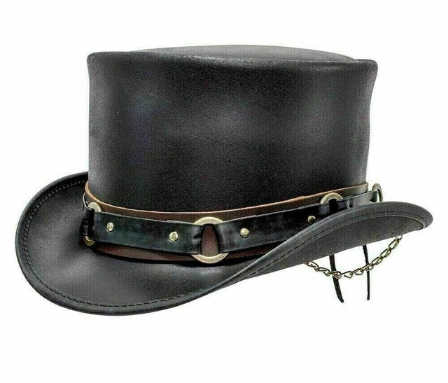 Men's Black Leather Steampunk Top Hat – Vintage Gothic Victorian Western Costume Hat
