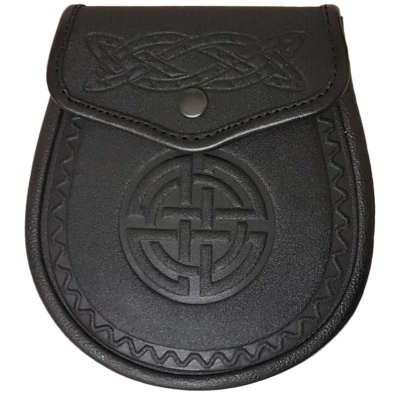 Black leather sporran with Celtic knot design on a beige background