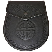Black leather sporran with Celtic knot design on a beige background