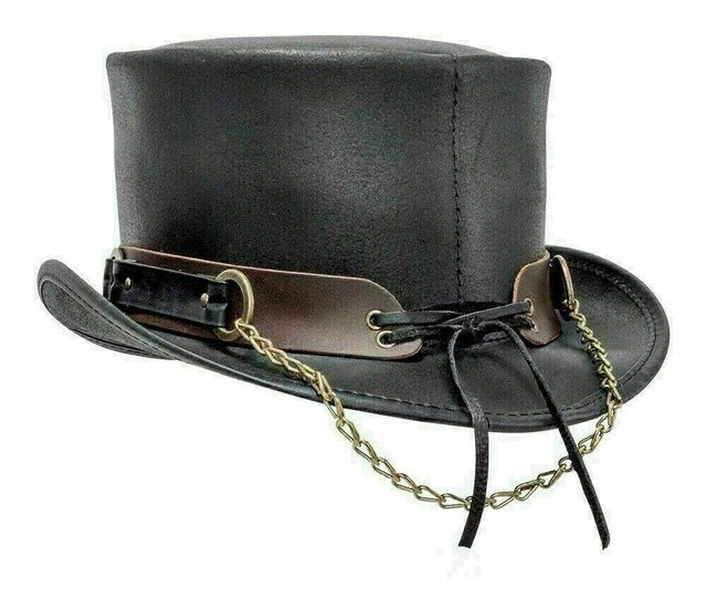 Men's Black Leather Steampunk Top Hat – Vintage Gothic Victorian Western Costume Hat