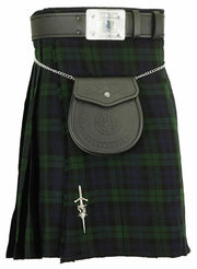 Black Watch Scottish Men's Traditional Highland Dress Tartan Kilt Outfit 9 Piece Set | Brown Jacobite Ghillie Shirt, Sporran & Belt