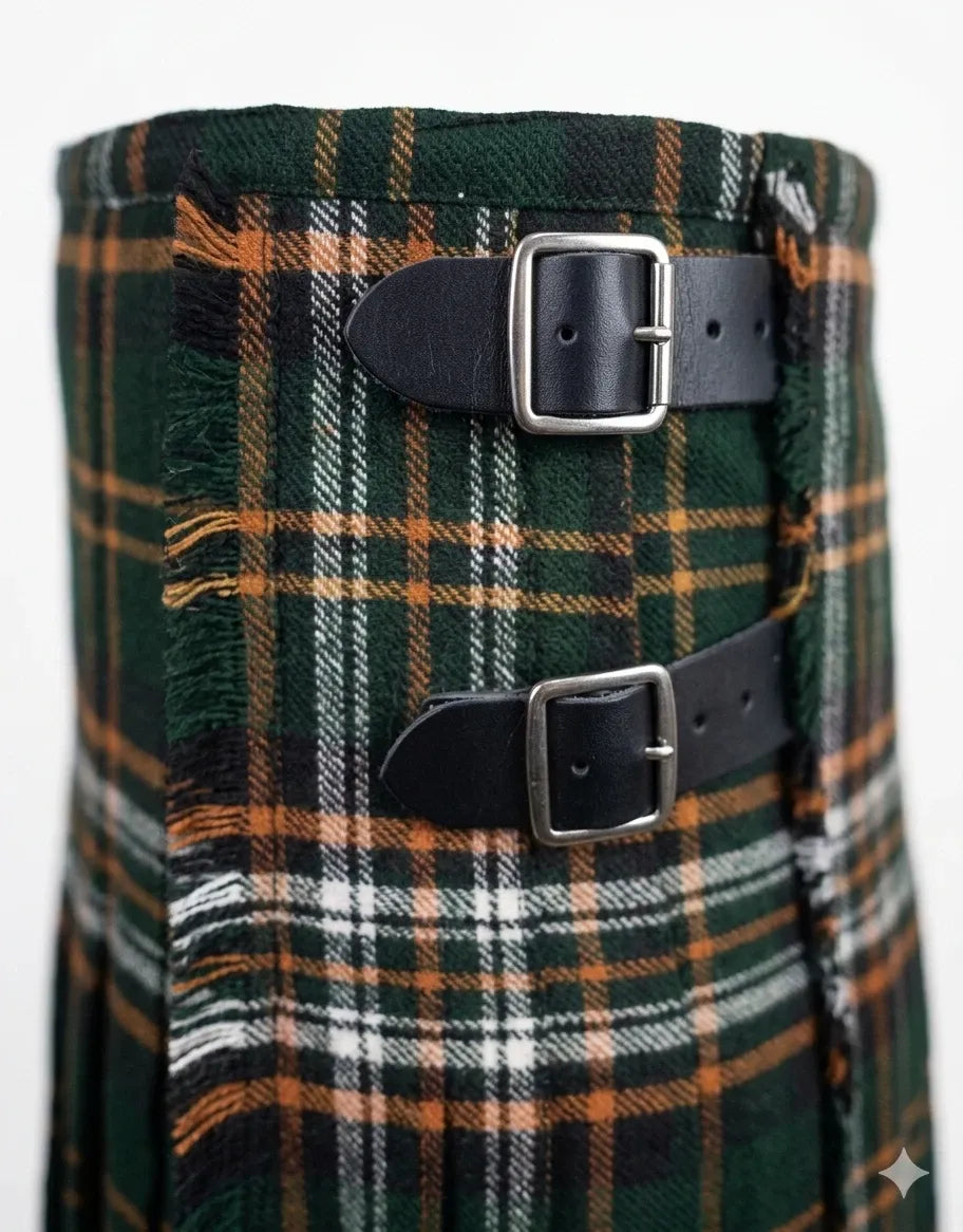 Premium Green Tartan Scottish 8-yard Kilt for Men – Traditional Highland Plaid Kilt with Leather Straps